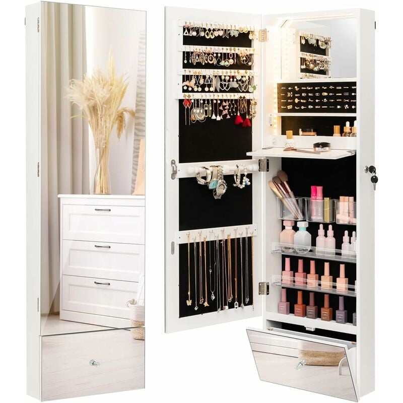 Armoire à Bijoux Murale 120 cm, Lumières led, Miroir Sans Cadre Pleine Longueur, Miroir Intégré, Étagère de Maquillage Pliable, Tiroir de Rangement,