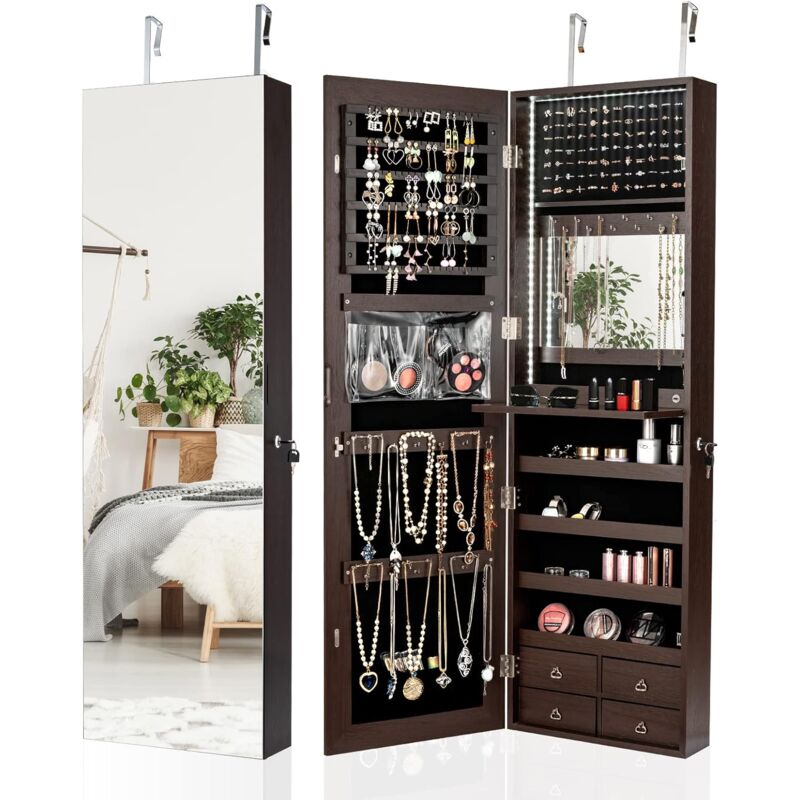 Costway - Armoire à Bijoux Murale/à Suspendre Lumières LED,4 Tiroirs, 4 Etagères et 1 Abattant Intégré pour Bijoux et Cosmétiques Marron