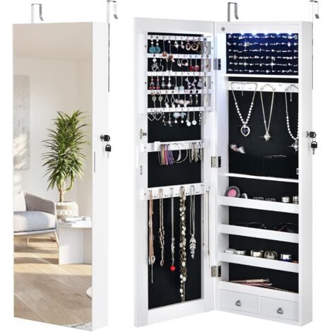 Costway – Armoire à bijoux murale avec miroir 108cm – 6 lumières LED – 2 tiroirs – MDF et verre – 24 crochets pour colliers – 100 emplacements pour boucles d'oreilles