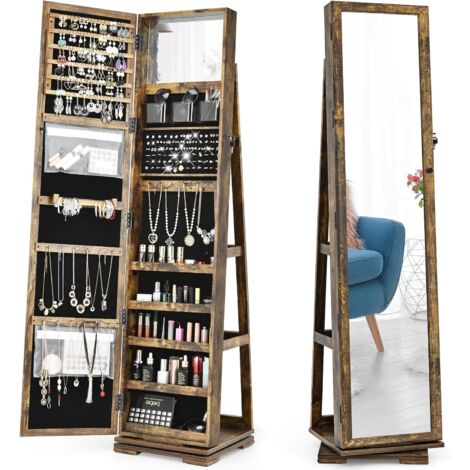 Costway – Armoire à bijoux pivotante 360° avec miroir psyché – MDF et miroir – 161 cm de hauteur – 6 étagères à boucles d'oreilles et rangement sécurisé