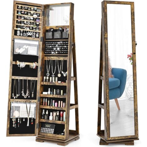 COSTWAY Armoire à Bijoux Pivotante à 360 Degrés, avec Grand Miroir Psyché et Etagère de Rangement à L’Arrière Brun rustique