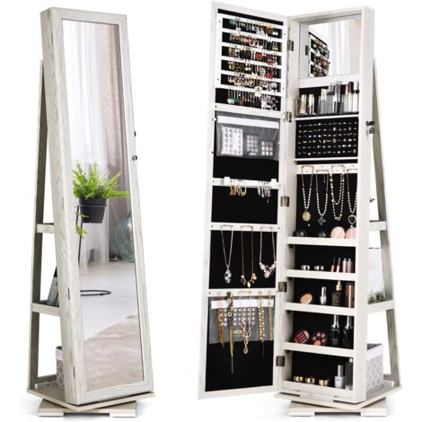 COSTWAY Armoire à Bijoux Pivotante à 360 Degrés, Organisateur de Bijoux sur Pieds, avec Grand Miroir Psyché et Etagère de Rangement à L’Arrière, Blanc