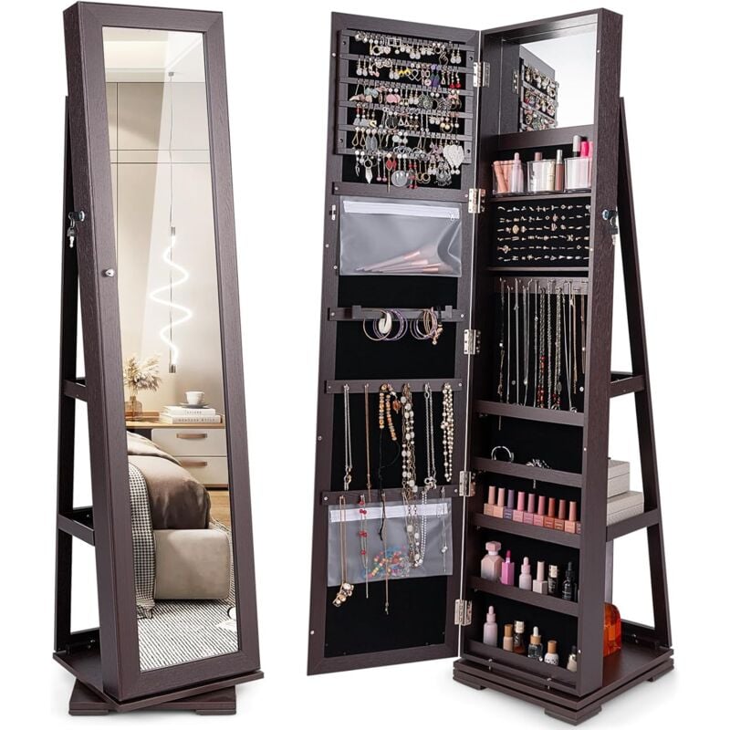 Costway - Armoire à Bijoux Pivotante à 360 Degrés, Organisateur de Bijoux sur Pieds, avec Grand Miroir Psyché et Etagère de Rangement à L'Arrière