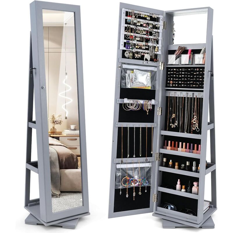 COSTWAY Armoire à Bijoux Pivotante à 360 Degrés, Organisateur de Bijoux sur Pieds, avec Grand Miroir Psyché et Etagère de Rangement à L'Arrière (Gris)