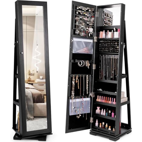 COSTWAY Armoire à Bijoux Pivotante à 360 Degrés, Organisateur de Bijoux sur Pieds, avec Grand Miroir Psyché et Etagère de Rangement à L’Arrière (Noir)