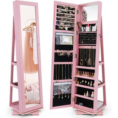 COSTWAY Armoire à Bijoux Pivotante à 360 Degrés, Organisateur de Bijoux sur Pieds, avec Grand Miroir Psyché et Etagère de Rangement à L'Arrière (Rose)