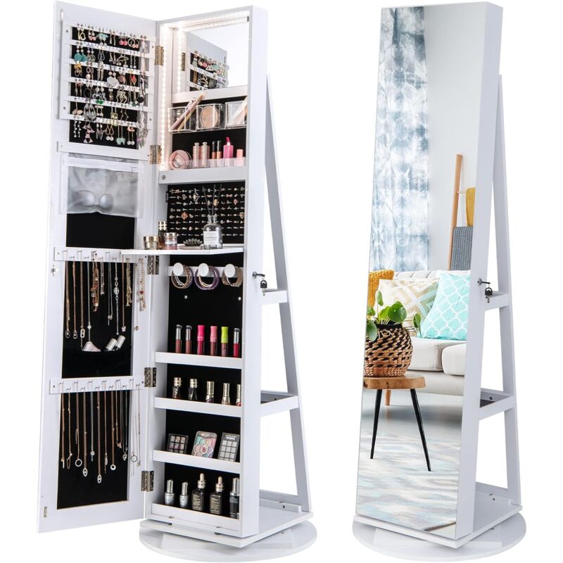 Armoire à Bijoux Pivotante à 360°, Rangement Bijoux Design 3 en 1 avec Miroir Pleine Longueur et Lumières led 3 Couleurs, Organisateur de Bijoux