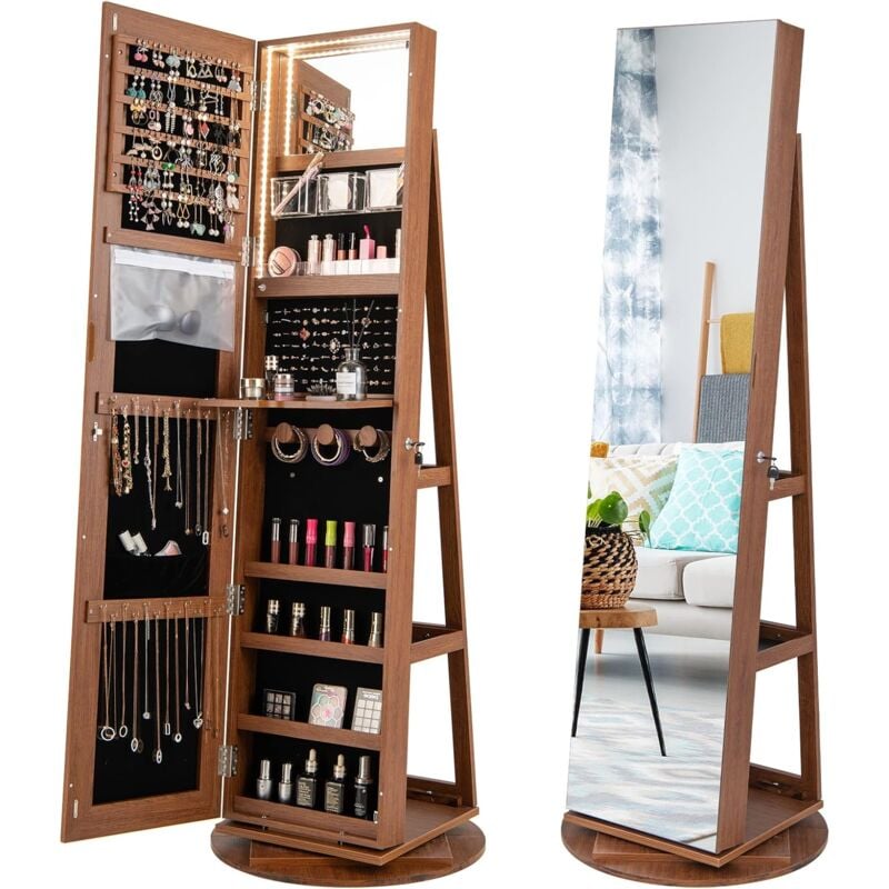 Costway - Armoire à Bijoux Pivotante à 360°, Rangement Bijoux Design 3 en 1 avec Miroir Pleine Longueur et Lumières led 3 Couleurs, Organisateur de
