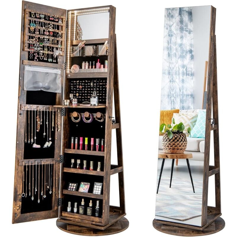 Costway - Armoire à Bijoux Pivotante à 360°, Rangement Bijoux Design 3 en 1 avec Miroir Pleine Longueur et Lumières led 3 Couleurs, Organisateur de