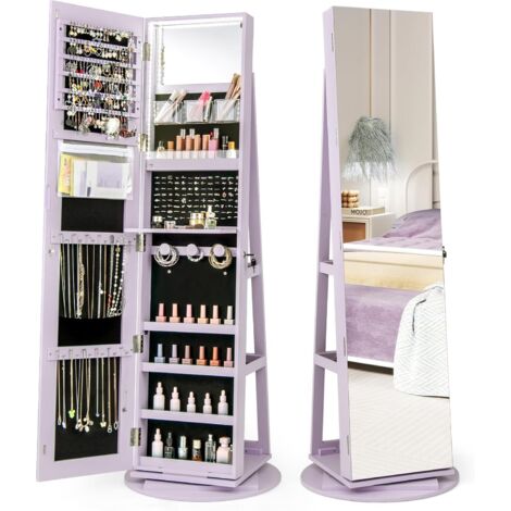 COSTWAY Armoire à Bijoux Pivotante à 360°, Rangement Bijoux Design 3 en 1 avec Miroir Pleine Longueur sans Cadre et Lumières LED 3 Couleurs, Style Nordique (Violet,Style 1)