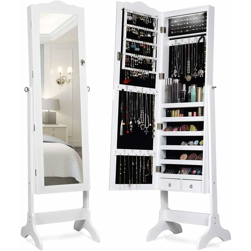 COSTWAY Armoire à Bijoux sur Pied avec 14 lampes LED, Verrouillable, Réglable à 4 Angles avec 2 Tiroirs