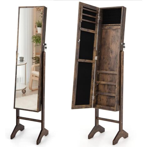 COSTWAY Armoire à Bijoux sur Pieds 3 en 1 - Miroir HD, 120 x 31.5 CM avec Clés, Rangement pour Cosmétiques et Bijoux Style Industriel, Marron