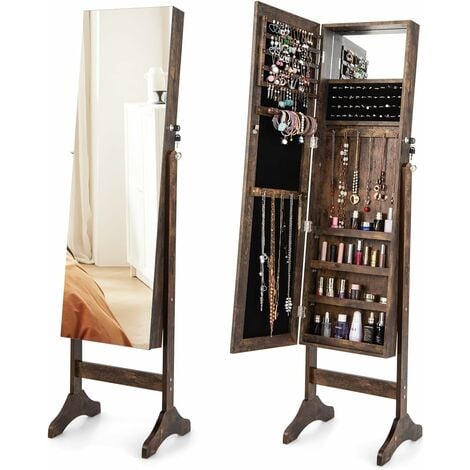COSTWAY Armoire à Bijoux sur Pieds 3 en 1 - Miroir HD - 4 Angles d'Inclinaison Rangement Cosmétiques et Bijoux Style Industriel Brun