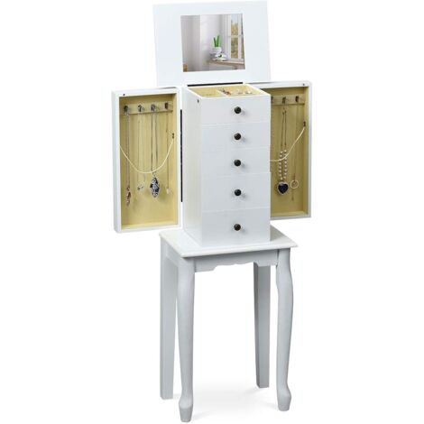 COSTWAY Armoire à Bijoux sur Pieds avec 5 Tiroirs,Miroir et Velours pour Bijoux Collier Bague Accesoire Lunettes en MDF Banche