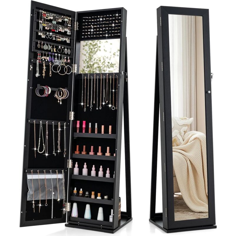 Costway - Armoire à Bijoux sur Pieds, Miroir hd Pleine Longueur et Miroir de Maquillage Intégré, avec 91 Fentes pour Bagues 30 Crochets Collier, 100
