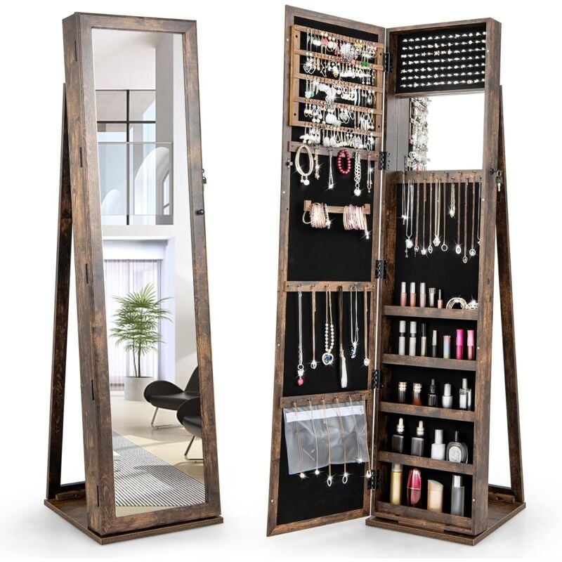 Costway - Armoire à Bijoux sur Pieds, Miroir hd Pleine Longueur et Miroir de Maquillage Intégré, avec 91 Fentes pour Bagues 30 Crochets Collier, 100