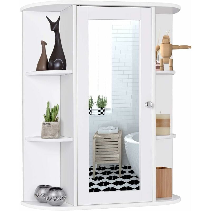 Costway - Armoire à Miroir Murale, Armoire de Salle de Bain avec Miroir, 6 Étagères Ouvertes, 2 Compartiments Internes et Étagère Réglable, 60 x 16,5