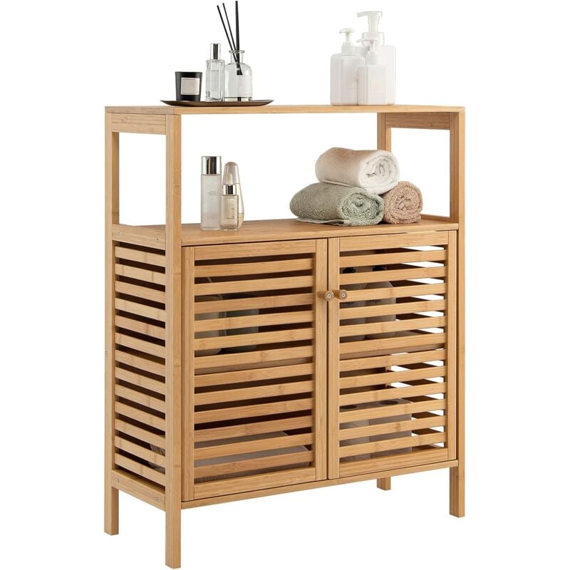 Costway - Meuble Salle de Bain en Bambou/Rangement de Salle de Bain-Étagère Amovible et 2 Portes Persiennes-64x27,5x80cm Naturel