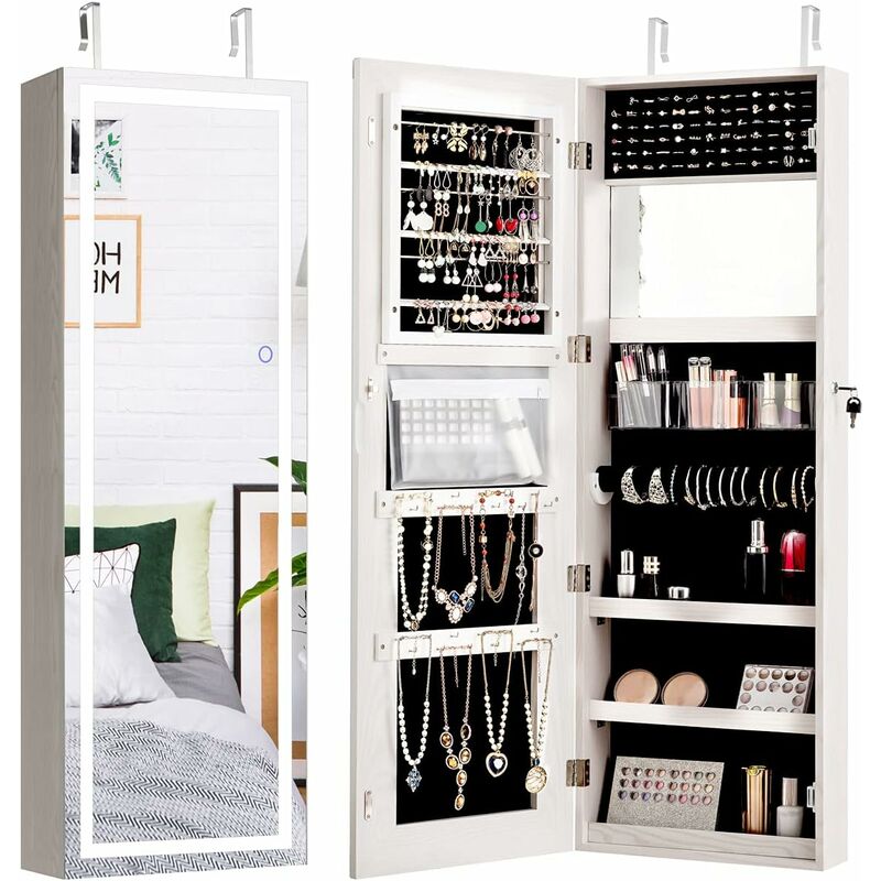 Armoire à Bijoux avec Ecran Tactile, Lumineux led, Verrouillable Rangement pour Bijoux et Cosmétiques Blanc - Costway