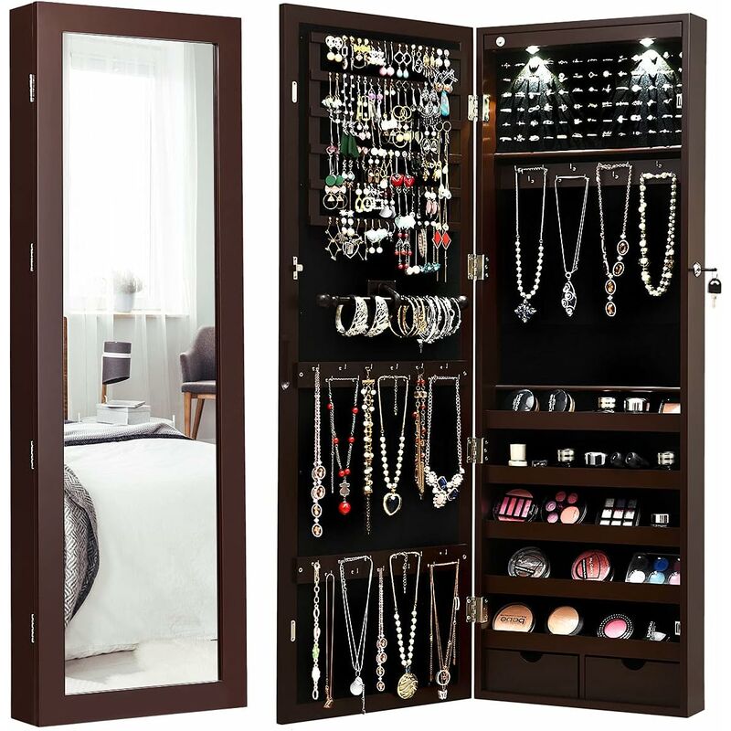 Armoire à Bijoux avec led Dedans, Crochets, Miroir et Tiroirs, pour Maquillage Quotidien et Bijoux, 37 x 9,5 x108 cm,Marron - Costway