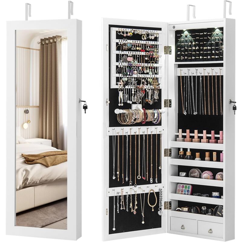 Costway - Armoire à Bijoux Mural 2 led, Meuble de rangement avec Crochets Réglables, Miroir grand format et Tiroirs, pour Maquillage Quotidien et