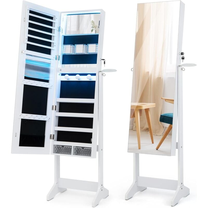 COSTWAY Armoire à bijoux sur Pied avec Miroir et LED 3 Couleurs/Rangement Bijoux Verrouillable avec Support de Sèche-cheveux et Boîtes Acrylique pour