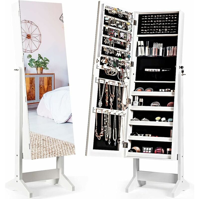 Armoire à Bijoux sur Pied, avec Miroir Inclinable, Serrure, Doublure et Divers Espaces de Rangement, 41x36,5x146cm Blanc - Costway