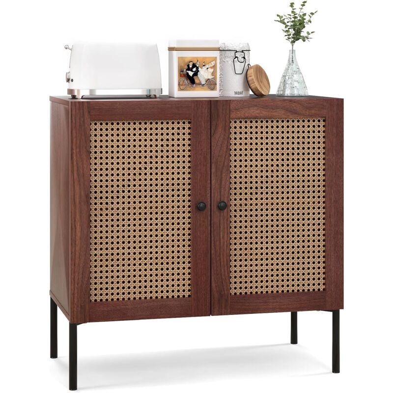 Costway – Buffet 2 portes en cannage – Étagère réglable – Pieds en métal – Dimensions 80 x 40 x 80 cm – Meuble de rangement bohème pour salle à