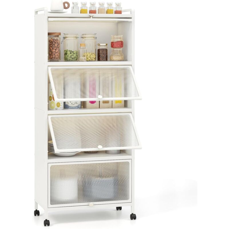 Armoire Cuisine 5 Niveaux, Étagère Cuisine 4 Portes pc Escamotables avec 4 roulettes, Étagère Micro-Ondes pour Salle à Manger, Salon, 60 x 32 x 154