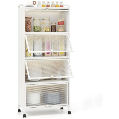 COSTWAY Armoire Cuisine 5 Niveaux, Étagère Cuisine 4 Portes PC Escamotables avec 4 roulettes, Étagère Micro-Ondes pour Salle à Manger, Salon, 60 x 32 x 154 cm, Noir (Blanc)