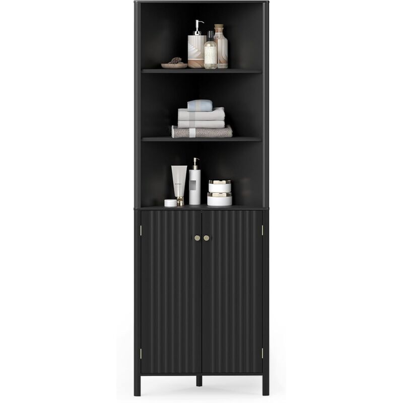 COSTWAY Armoire d'angle pour Salle de Bain, Meuble de Rangement avec Placard Étagère Réglable, 3 Compartiments Ouverts, Armoire Haute pour Salle à