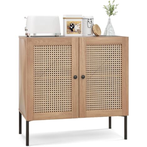COSTWAY Armoire de Cuisine 2 Étagères, Buffet 2 Portes Cannage, Étagère Réglable, Pieds en Métal, Meuble de Rangement Bohème pour Salle à Manger, Buanderie, Salon, 80 x 40 x 80 cm