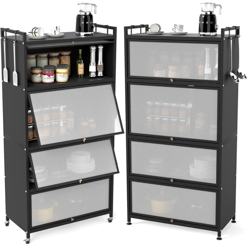 COSTWAY Armoire de cuisine haute à 5 étages, étagère de cuisine à roulettes, support pour micro-ondes avec 4 portes rabattables et 4 crochets,