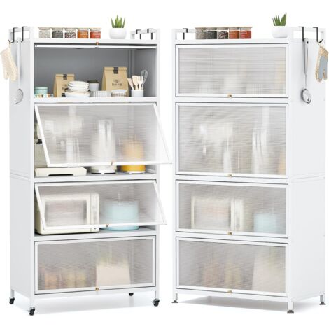 COSTWAY Armoire de cuisine haute à 5 étages, étagère de cuisine à roulettes, support pour micro-ondes avec 4 portes rabattables et 4 crochets, étagère métallique sur pied, armoire haute pour cuisine,
