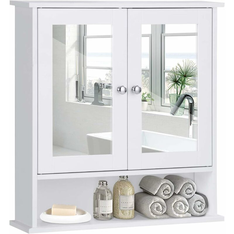 Costway - Armoire de Salle de Bain/Meuble de Salle de Bain Mural avec 2 Portes à Miroir, 3 Etagères avec Hauteur Ajustable, 56,5 x 13,5 x 58,5 cm,