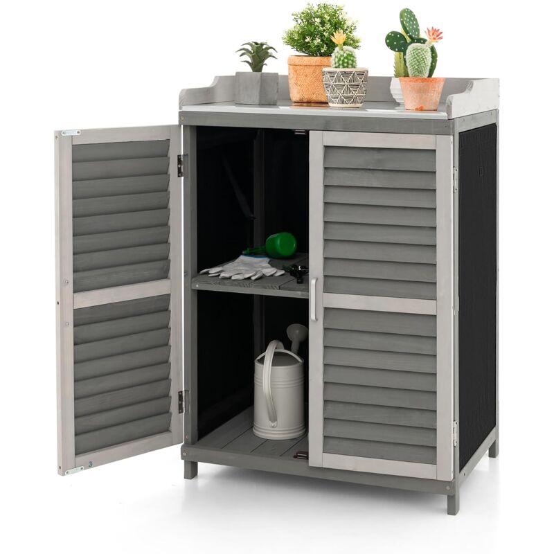 Costway - Armoire de jardin à 2 Étagères et Plateau en Métal Plaqué, Cabane de Rangement en Bois de Sapin avec Portes, pour Terrasse Jardin Cour 67 x