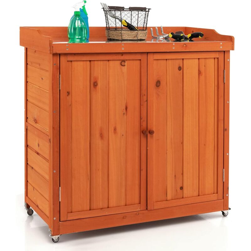 Armoire de Jardin en Bois Extérieur 2 en 1, Table de Jardinage avec Porte, Etagère Amovible et 4 Roues Universelles Plateau en Acier Galvanisé pour