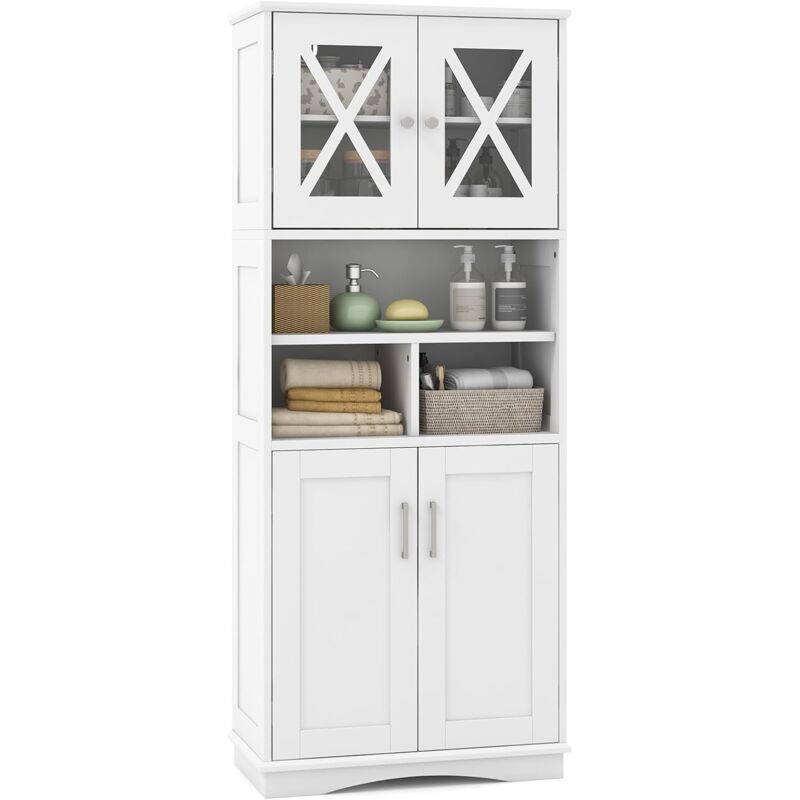 Costway - Armoire de Rangement de 145 cm de Haut, 2 Portes en Acrylique Transparent, 3 Compartiments Ouvertes, Colonne Salle de Bain Autoportante,