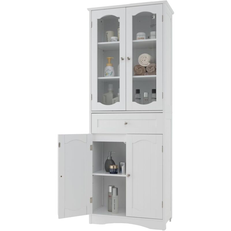 Costway - Armoire de Rangement de 160 cm de Haut, 2 Portes en Verre Transparent, 2 Etagères Réglables, 1 Tiroir, Autoportante, pour Salle de Bain,