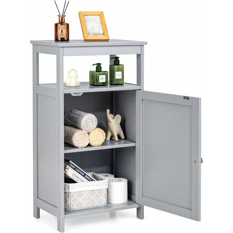 costway - armoire de rangement de salle de bain, meuble de rangement avec étagère ouverte et placard à porte, 45 x 30 x 84 cm gris