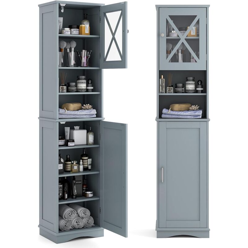 Armoire de Salle de Bain de 170 cm de Haute, Meuble de Rangement, Colonne, 5 Étagères Réglables, Placards à Porte, 2 Compartiments, Gain de Place, 30