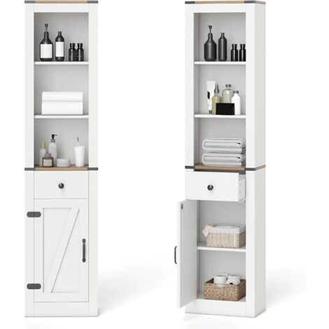 COSTWAY Armoire de Salle de Bain, Meuble Colonne Salle de Bain avec Placard et Compartiments Ouverts, Meuble de Rangement Étroit avec Tiroir, Étagère Réglable, pour Buanderie, Salon, Cuisine