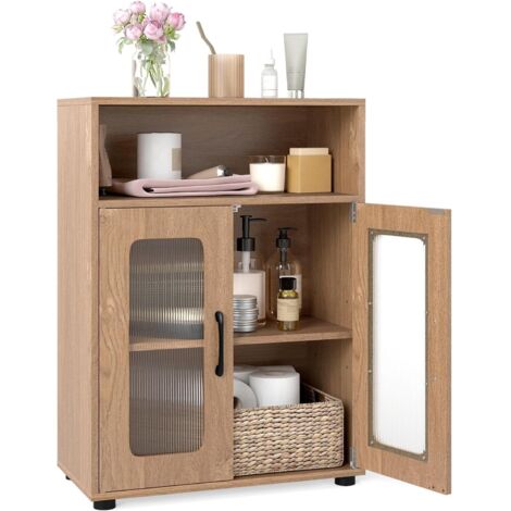COSTWAY Armoire de Salle de Bain, Meuble de Rangement avec 2 Portes Vitrées, Compartiment Ouvert, Étagère Réglable, pour Salle à Manger, Cuisine, Salon, Buanderie, 30 x 60 x 83 cm (Naturel)