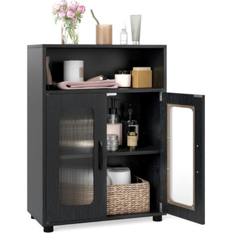 COSTWAY Armoire de Salle de Bain, Meuble de Rangement avec 2 Portes Vitrées, Compartiment Ouvert, Étagère Réglable, pour Salle à Manger, Cuisine, Salon, Buanderie, 30 x 60 x 83 cm (Noir)
