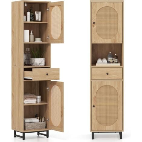 COSTWAY Armoire de Salle de Bain, Meuble pour Salle de Bain Haut, Colonne avec Portes en Rotin, Étagères Ajustables & Tiroir, Compartiments Ouvertes, 30 x 40 x 170 cm, Naturel