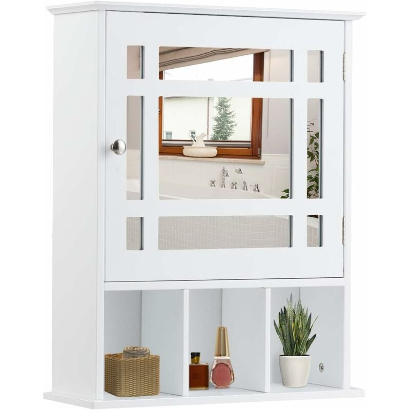 Costway - Armoire de Salle de Bain Murale avec Miroir Impérméable-2 Etagères Réglables et 3 Compartiments Armoire à Pharmacie 50 x 16 x 61 cm mdf