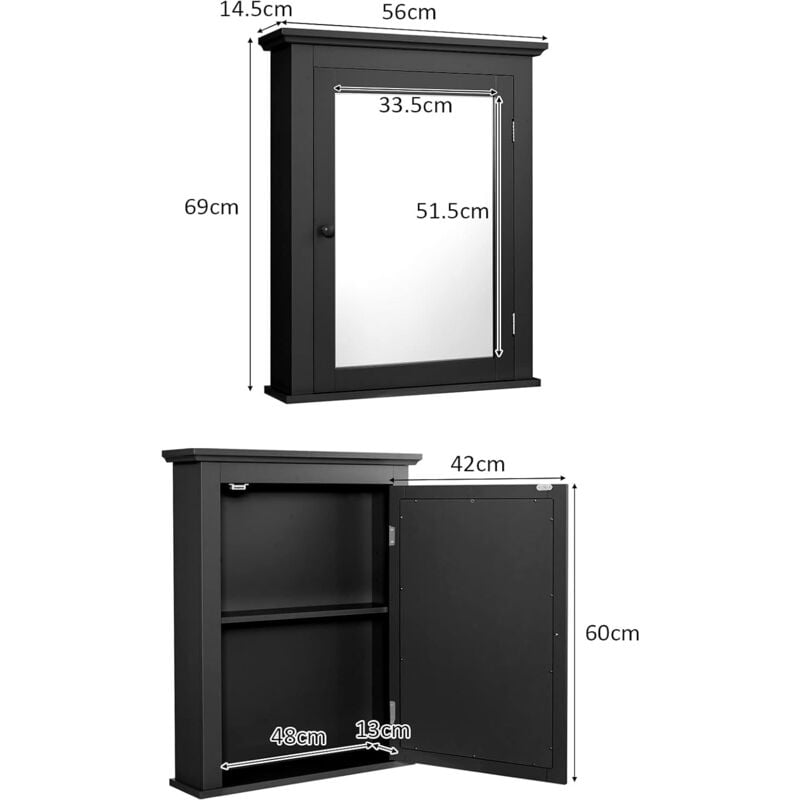 Costway - Armoire de toilettes Mural Salle de bains avec portes et miroirs Ajustable en 5 Positions 56 x 14,5 x 69 cm Noir