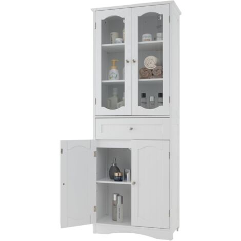 Costway – Armoire de rangement 160 cm – 2 portes en verre trempé – 2 étagères réglables – 1 tiroir – Design moderne pour salle de bain, cuisine, salon