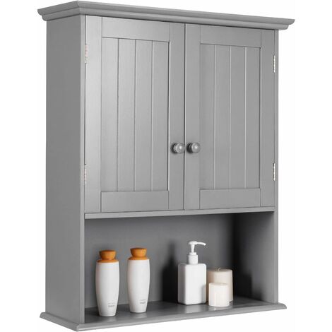 Costway – Armoire murale de salle de bain 60 x 20 x 70,5 cm – 2 portes – Cloison amovible – Fixation murale pour gain de place – Bois composite gris