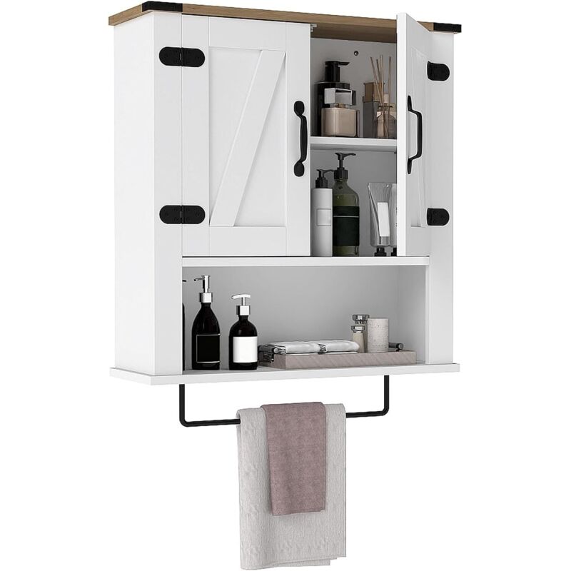 COSTWAY Armoire Murale de Salle de Bain, Armoire à Pharmacie avec Placard à 2 Portes & Compartiment Ouvert, Étagère Réglable, Barre à Serviettes,